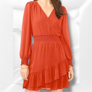 🆕 Vince Camuto Orange Ruffled Faux-Wrap Sundress Size Small